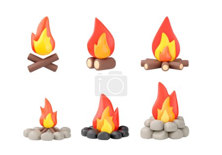 Set of burning bonfire or campfire laid cobblestones and firewood with fire or flame. 3d realistic design element plasticine texture. Camping, picnic, tourism concept. Vector illustrations isolated