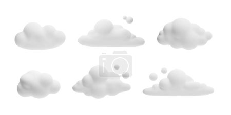 Set of white 3d cloud vector icons. Cartoon weather forecast cloudy symbol. 3D realistic meteorology design element plasticine or clay texture. Render soft round fluffy clouds isolated on white
