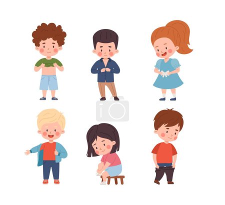 Kids dressing up set vector illustration. Cartoon isolated confident girls and boys clothes fitting by himself. Cute independent children sitting and standing, undressing and dressing pants, dress