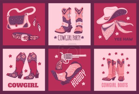 Retro west cowgirl accessories on vector posters set. Boho style neck scarf, bag, belt, boots, with floral print, hat and earrings. Glamour western style, horseshoe and gun