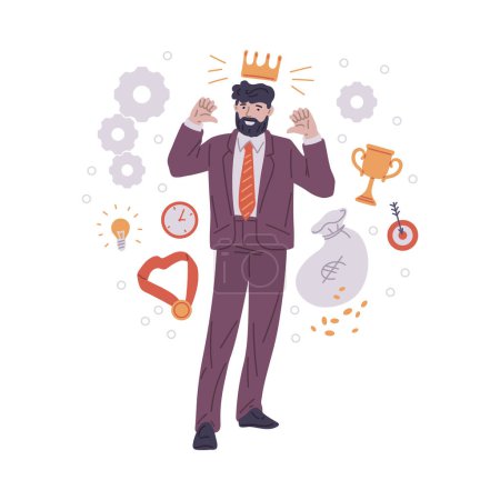 A triumphant businessman crowned with success, surrounded by symbols of achievement like a trophy, time, and money. Vector illustration of corporate victory and personal milestones.
