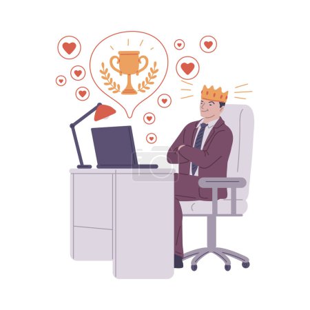 Illustration for Confident businessman with a crown, sitting content at his desk, with symbols of admiration and success like hearts and a trophy. Vector illustration of workplace achievement. - Royalty Free Image