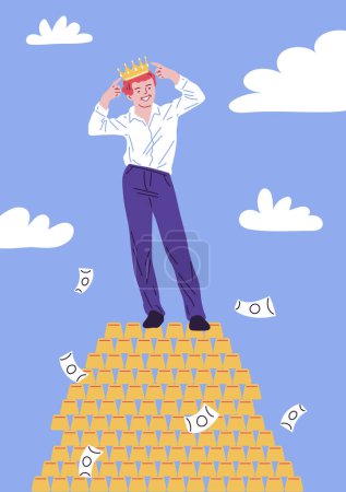 A confident man adjusts his crown standing on a mountain of gold coins, signifying financial success and confidence, ideal for a vector illustration