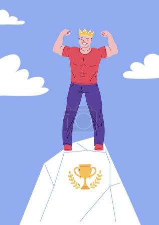 Celebrating a personal victory, this man stands proudly on the summit with a crown and trophy, portrayed in a playful, inspiring vector illustration.