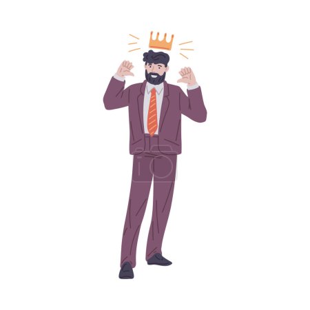 Téléchargez les illustrations : Un homme d'affaires jubilant avec une couronne flotte en l'air, rayonnant de succès et de bonheur dans cette illustration vectorielle moderne et minimaliste. - en licence libre de droit