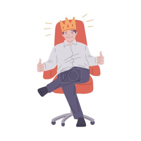 A content executive sits in an office chair with a crown, gesturing a thumbs-up, symbolizing satisfaction and success in a simple vector illustration.