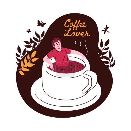 Téléchargez les illustrations : Personne détendue se prélassant dans une tasse à café avec texte "Coffee Lover", illustration vectorielle ornée d'accents feuillus - en licence libre de droit