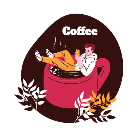 La vida moderna y el amor por el café combinados en una ilustración vectorial con un individuo reclinado casualmente en una taza, absorto en un teléfono inteligente.