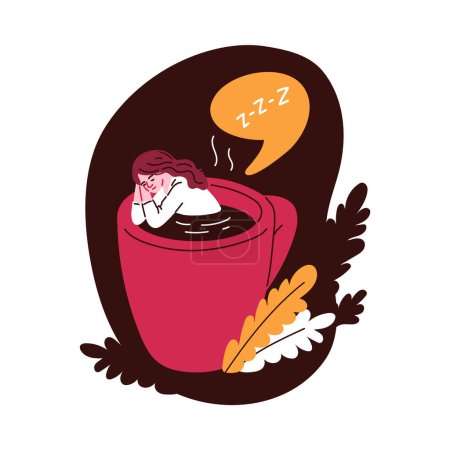 Eine skurrile Vektorillustration einer schläfrigen Person, die in einer Kaffeetasse ruht, mit einer Sprechblase, die "Z-Z-Z" anzeigt.."