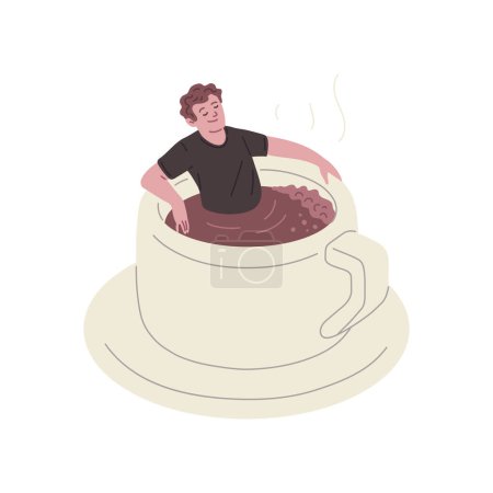 Minimalist vector illustration showing a relaxed individual sitting in a large coffee cup, emanating a serene vibe.