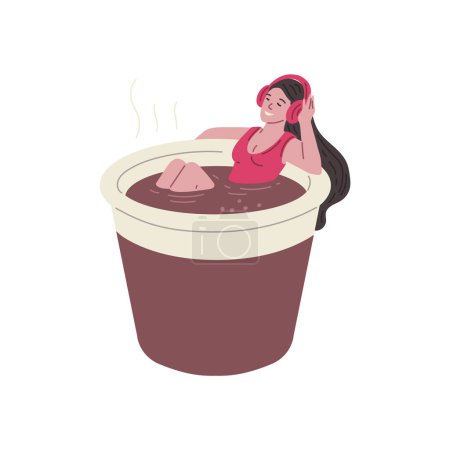 Illustration vectorielle captivante mettant en vedette une personne luxuriante dans une tasse à café, rayonnant de détente et de contentement.