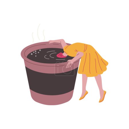 Eine skurrile Vektorillustration fängt eine Person ein, die sich bückt, um das Aroma einer großen Kaffeetasse zu riechen, was ein Gefühl der Freude und Vorfreude hervorruft.