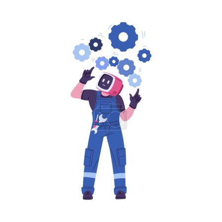 A vector illustration of an AI character in overalls, juggling gear cogs, represents the concept of machine learning and robotics engineering