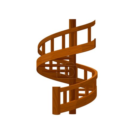 Wooden spiral staircase with railing flat style, vector illustration isolated on white background. Decorative design element, architecture, climbing. Interior design and repair