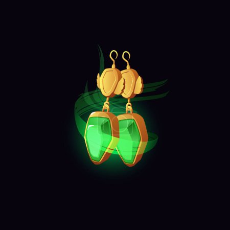 Magical jewelry. 3D vector illustration of gold earrings with a shining green gemstone. Game magic design element on the theme of witchcraft, on an isolated black background.