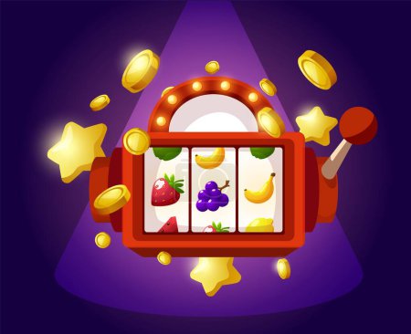 Ilustración vívida y dinámica de vectores de máquinas tragamonedas de casino, con símbolos frutales y monedas reventadas, colocadas contra un foco púrpura para una vibración de juego emocionante.