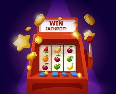 Engaging vector illustration of a classic red slot machine hitting a fruity jackpot with coins flying, set against a radiant purple backdrop.