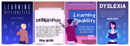 Learning difficulties, posters or cards, vector illustration drawn in simple flat cartoon style. Design concept about education, learning disability, dyslexia, dysgraphia and other. People on banners