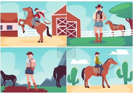 Set of cowgirls with horses at ranch and in desert. Young women wearing cowboy style clothes riding horse, hold lasso, spend time at farm. Flat vector illustration designs for poster, card, banner.