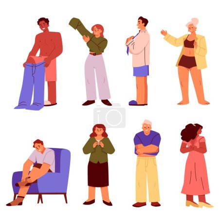 People dressing up and trying on clothes, set of flat cartoon vector illustration isolated on white background. Various scenes with men and women, human characters in different poses