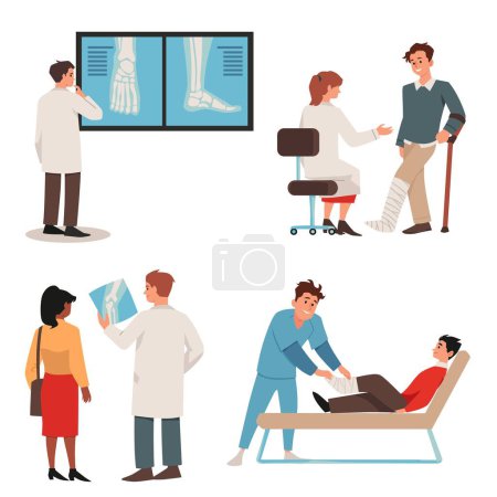 Illustration for Orthopedist consult and treat people concept set. Orthopedical doctor examine x-ray images and help patient. Flat vector illustration design for poster, banner. - Royalty Free Image