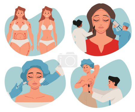 Plastic surgery and invasive cosmetology banners or posters bundle, flat vector illustration. Anti age treatment include plastic surgery and facial injections.