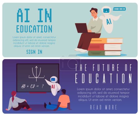 Banners with digital learning concept. A set dedicated to the role of artificial intelligence in the future of education, designed in a flat illustration style with space for text.