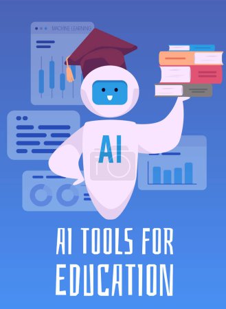 Vector flat illustration of a robot with books, representing artificial intelligence as a tool in digital learning. Ideal for educational flyers with space for text.