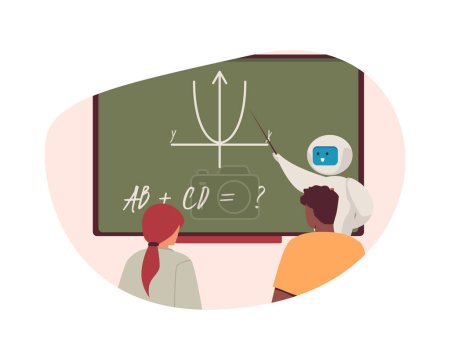 Artificial intelligence in education. Flat vector illustration showing how AI teaches children during a lesson, ideal for online learning platforms and resources.