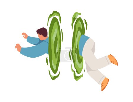 Man go through green portal or teleport flat style, vector illustration isolated on white background. Decorative design element, fantasy, travel in time and space
