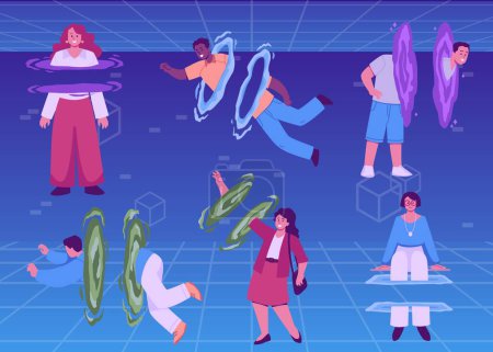 Spectacular teleportation loops and divided human forms. Set of vector illustrations of human figures entering portals, separated body parts in space. Vector isolated illustration.