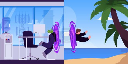 Un hombre va de su oficina a una playa tropical a través de un bucle de teletransporte. Una escena vectorial muestra un cuerpo humano dividido en teletransportación Metaverse. Ilustración plana.