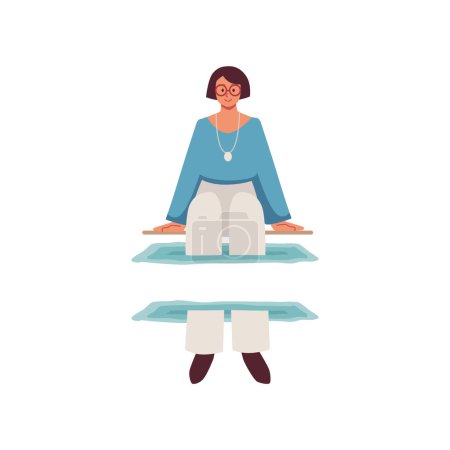 Modern vector graphics of a female character sitting on the edge of a teleportation cavity. Vector illustration of a divided human body in cyberspace. Cyber universe concept on isolated background.