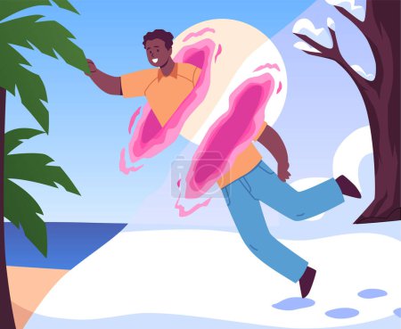 A man jumps through a teleportation portal from frosty snowdrifts to warm countries. Vector illustration with separated body parts in a teleportation loop. Fantasy and imagination