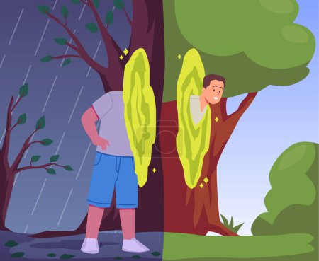 Person goes through portal or teleport from bad weather to sunny, different seasons. Concept of travel in time and space dimension, quantum leap. Cartoon vector fantastic illustration