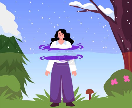 Mujer joven feliz usando púrpura portal o teletransporte para viajar de primavera a invierno temporada de estilo plano, ilustración vectorial. Elemento de diseño decorativo, tecnologías futuristas