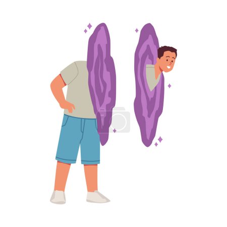 Happy young boy using purple portal or teleport flat style, vector illustration isolated on white background. Decorative design element, space or time travel, futuristic technologies