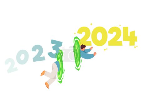 El hombre pasa por el portal verde o teletransportarse de 2023 a 2024 estilo plano, ilustración vectorial aislado sobre fondo blanco. Elemento decorativo de diseño, fantasía, viajes en el tiempo y el espacio