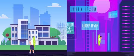 Person goes through teleport portal from present city into the future. Concept of travel in time and space dimension, quantum leap. Cartoon vector fantastic futuristic illustration