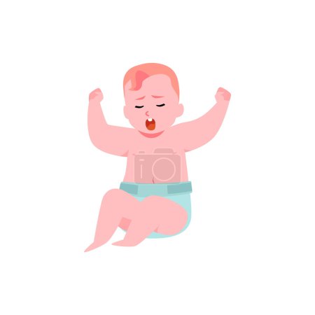 Cute lovely little baby in diaper sitting and screaming or crying. Cartoon active baby shows negative emotions. Expression of pain and sadness. Vector illustration isolated on white