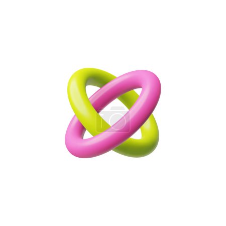 Ilustración de Torus enlazado icono de modelo 3D. Anillos volumétricos rosa y amarillo conectados en una cadena. Acoplado formas geométricas redondas brillante superficie vector render ilustración aislada. Brutalismo realista - Imagen libre de derechos