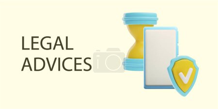 Online legal services concept with a laptop, hourglass, and shield. Vector illustration for web banners, advertisements, and digital content.