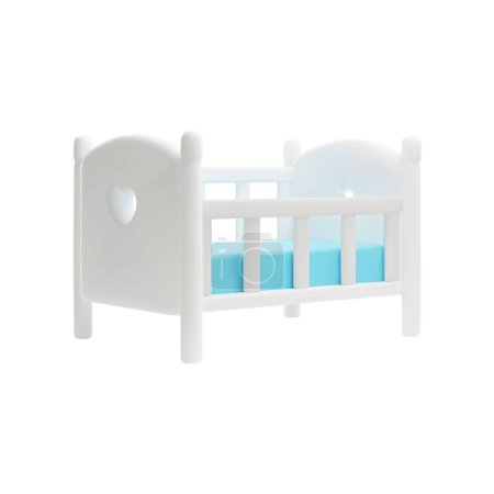 Illustration for Childrens furniture. 3D vector illustration of a white childrens bed with sides and a blue mattress. Ideal for newborns. Childrens themed icons concept. - Royalty Free Image