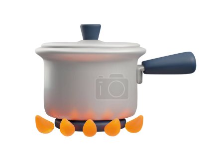 Kitchen cooking scene. 3D Vector illustration of a saucepan with a long handle and a closed lid standing on a lit gas stove. Isolated icon perfect for cooking themed design.