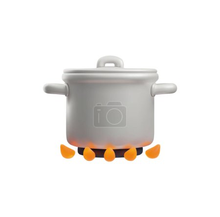 A white saucepan with a closed lid on a flaming stove. 3D Vector illustration of kitchen utensils in action, on a gas stove. Isolated icon design. The process of cooking.