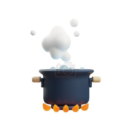 A black saucepan with wooden handles, boiling on a gas stove, from which steam rises. 3D vector of kitchen utensils in action. Ideal for depicting the cooking process and in icon design.