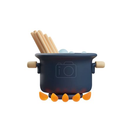 Kochikone. 3D-Vektorbild einer schwarzen Pfanne mit Holzgriffen und Spaghetti, die über einer Gasflamme kochen. Ideal für Essensgeschichten auf isoliertem Hintergrund.