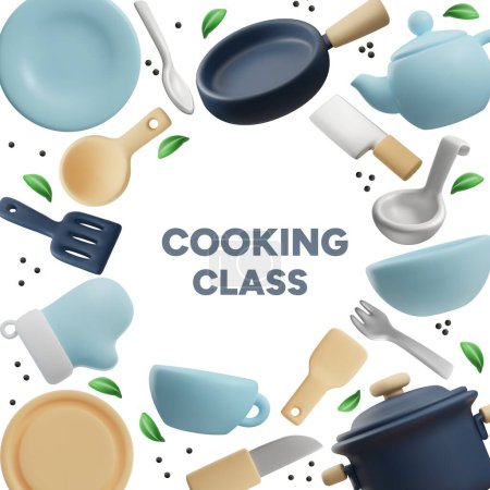 Ilustración vectorial invitante con una variedad de utensilios de cocina, incluyendo ollas, sartenes, tetera y cubiertos, dispuestos en torno a las palabras "COOKING CLASS", ideal para la educación culinaria y la cocina