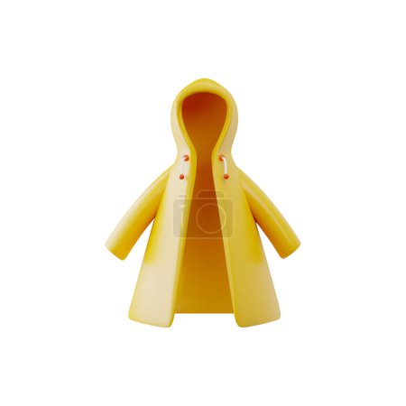Abrigo de lluvia amarillo con capucha icono de estilo 3D. Abrigo de dibujos animados protege de la lluvia, ropa de abrigo de otoño de temporada, vestido de lluvia camping. Ilustración de renderizado vectorial aislada sobre fondo blanco