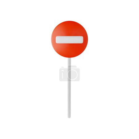 A realistic 3D vector illustration of a red stop sign with a white bar, mounted on a pole, denoting restriction.